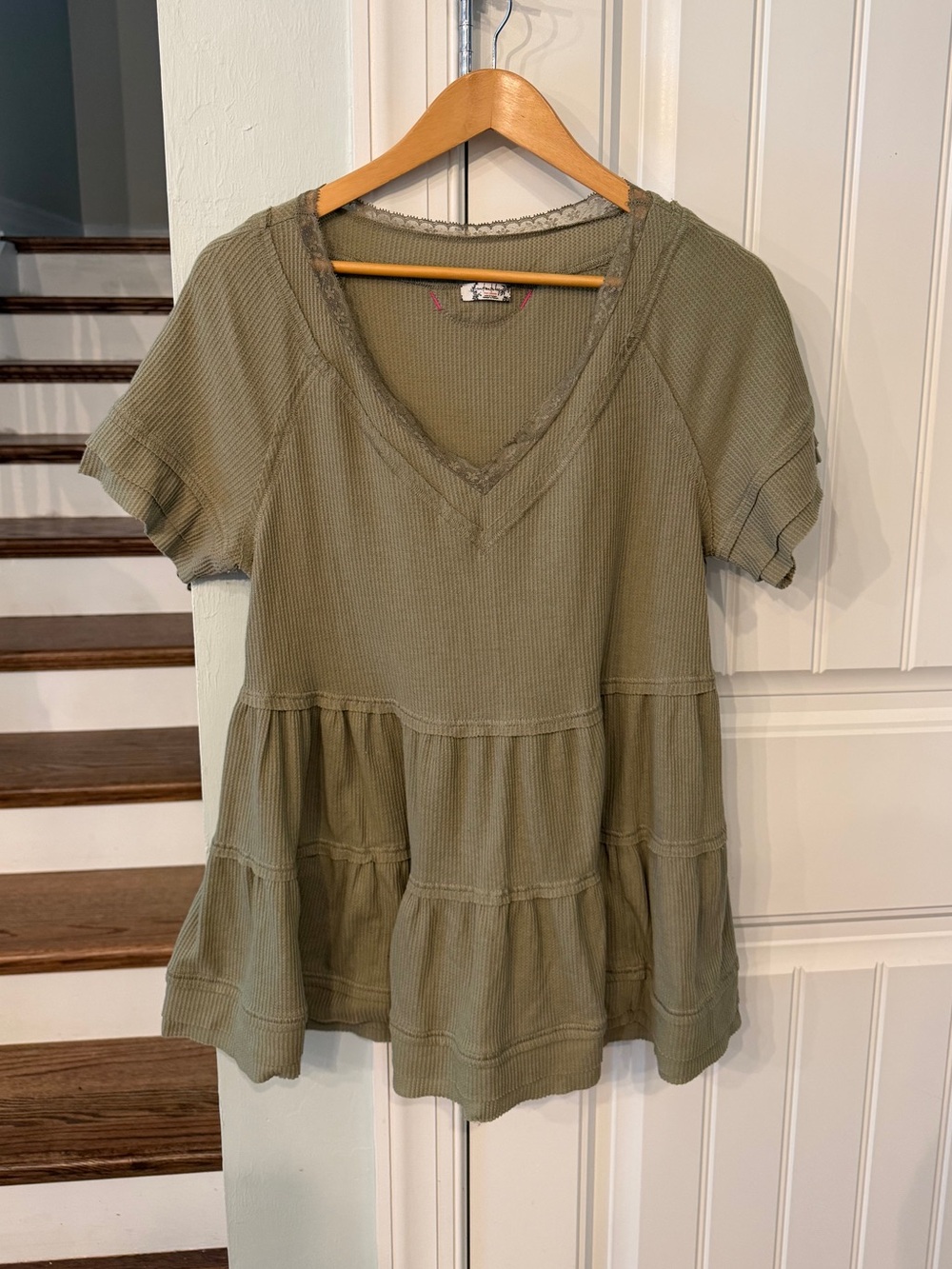 Free People Intimately Free Olive Green Thermal Tiered Babydoll Top XS